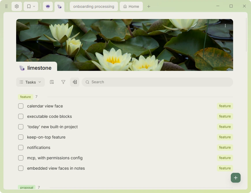 The Limestone app open on a project's task list, with tagged todos under a header banner